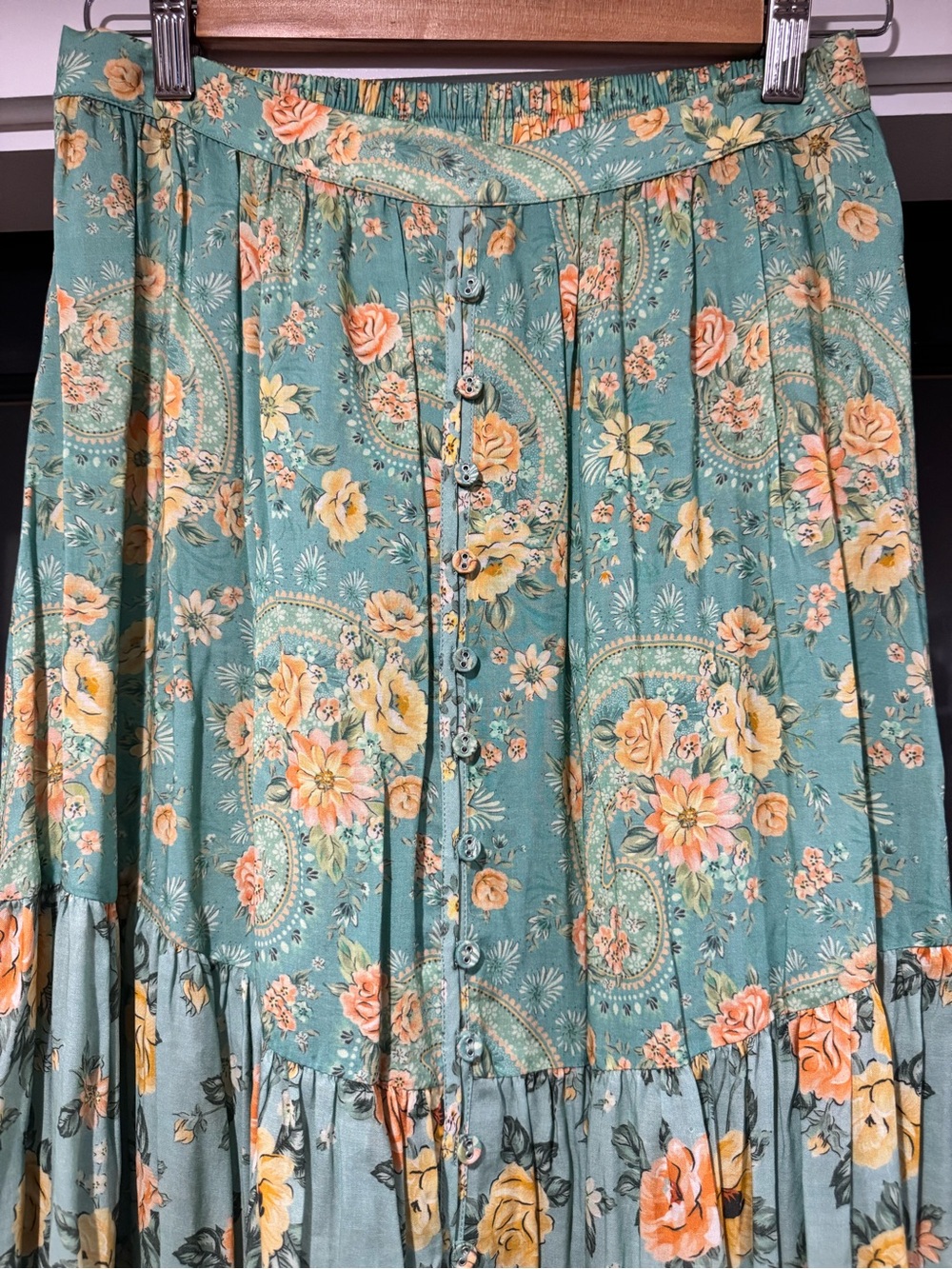 Spell Melody Boho Floral Maxi Skirt - Mint Green w/Yellow Flowers M - Picture 2 of 5